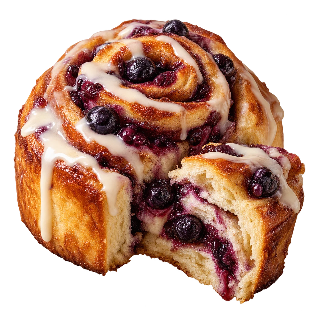 Illustrative blueberry cinnamon roll with icing and a soft spiral center