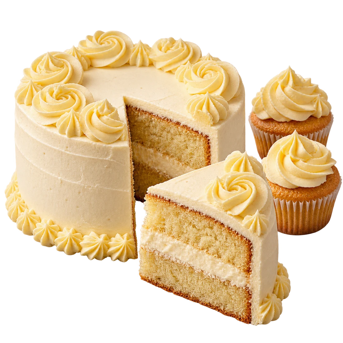 Illustrative buttercream cake with a slice revealing vanilla sponge and matching cupcakes