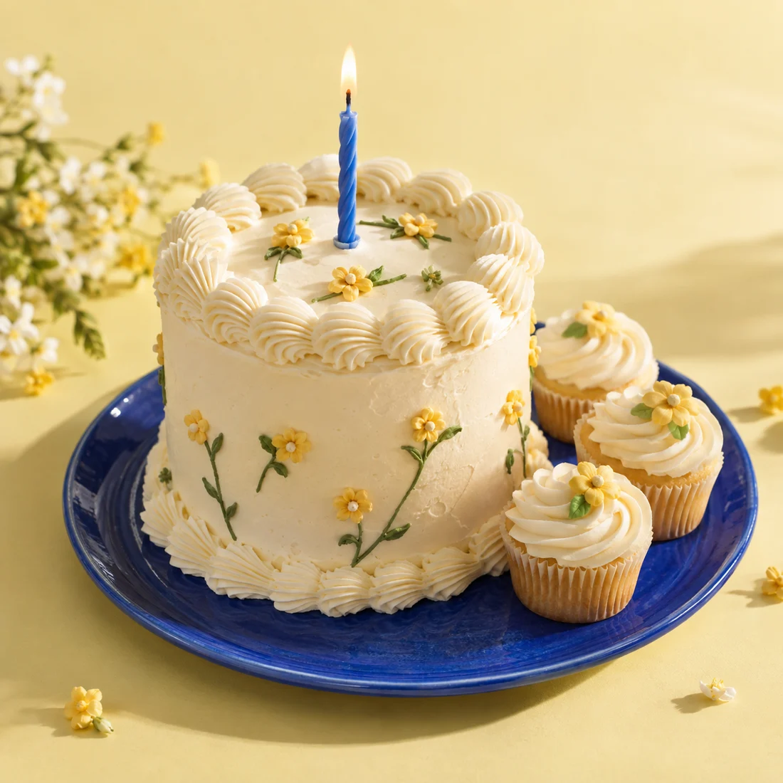 Illustrative celebration cake and cupcakes with yellow buttercream flowers, displayed on a blue plate