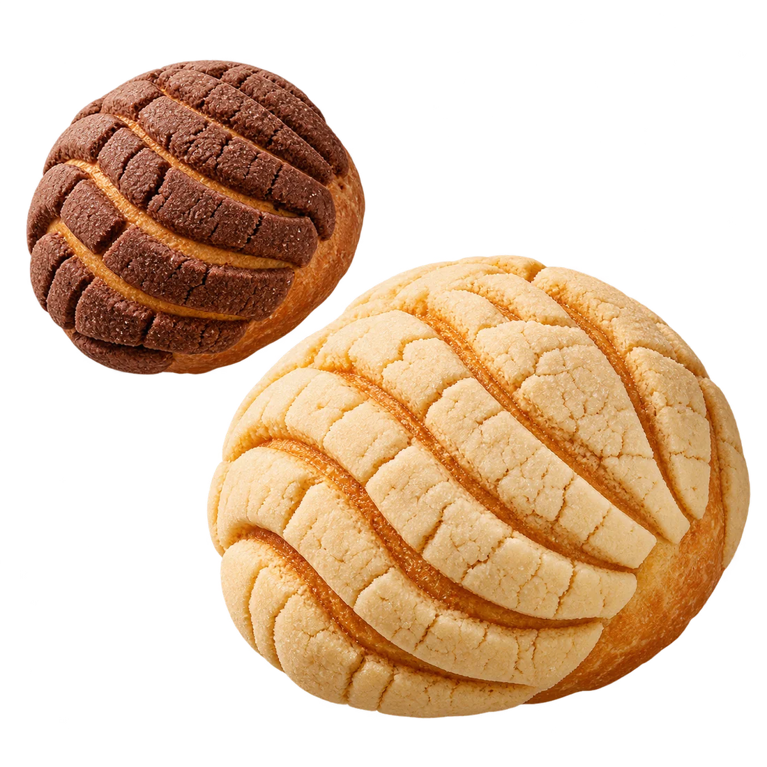 Illustrative vanilla and chocolate conchas with a crisp scored sugar crust
