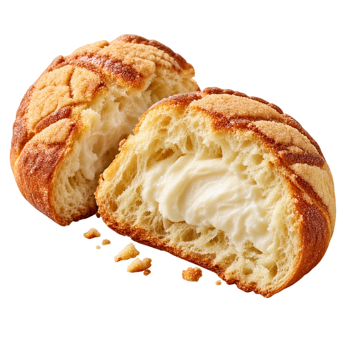 Illustrative golden bread split open to reveal a rich cream cheese filling