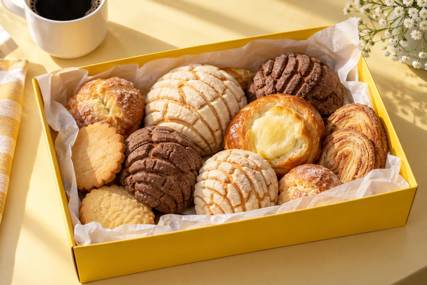 Illustrative yellow pastry box with miniature conchas, cookies, a cream cheese pastry, and coffee